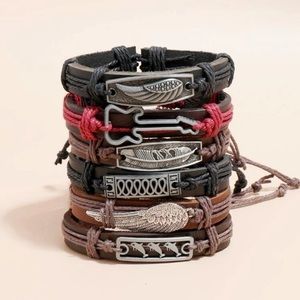 6 pcs Men Faux Leather Bracelet Set Guitar Feather Dolphin Brown Black